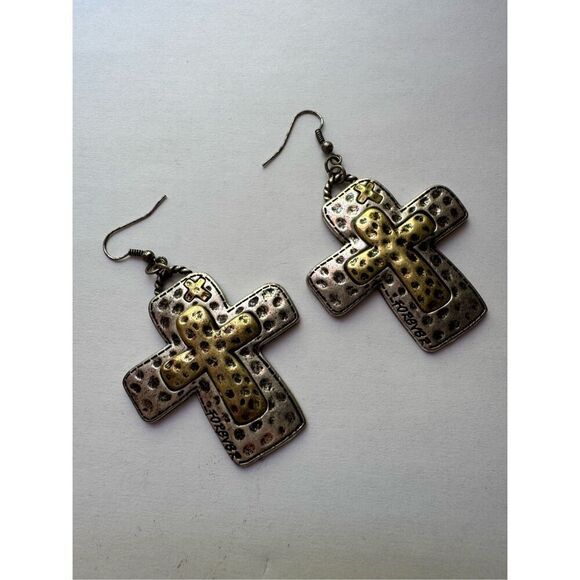 Vintage Chunky gold and silver toned cross earrings western - Picture 1 of 6